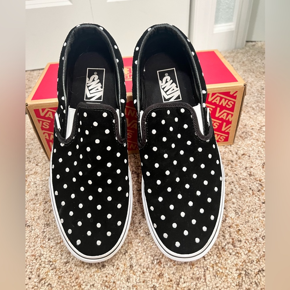 NWT black and white Polk a dot slip on vans